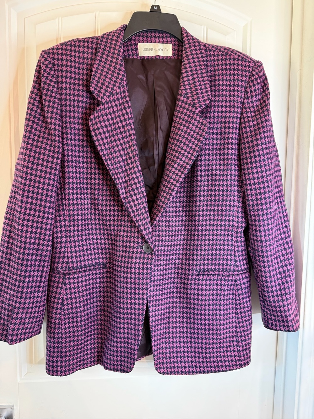 Jones New York 100% Wool Pink and Purple Houndstooth Blazer